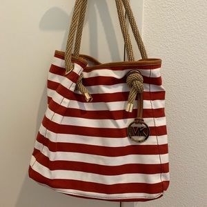 Michael Kors Rust Red/White Striped Nautical Tote